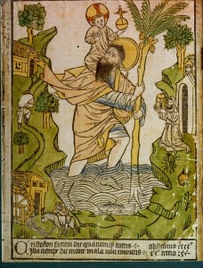 Sv. Kristofers. 1423. g. kokgriezums. Parakstā latīņu valodā rakstīts „Dienā, kad skatīsi Kristofera seju, nemirsi pēkšņā nāvē”.