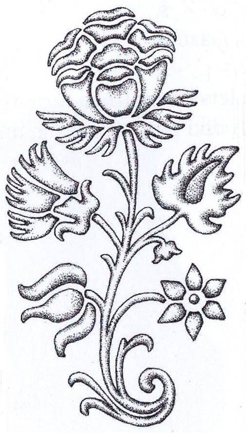 Turaidas pilī atrasta krāsns podiņa rotājums – ziedu grupa ar krāšņu barokālu magoni vidū. 17. gs. pēdējā trešdaļa. Dzintras Zemītes zīmējums