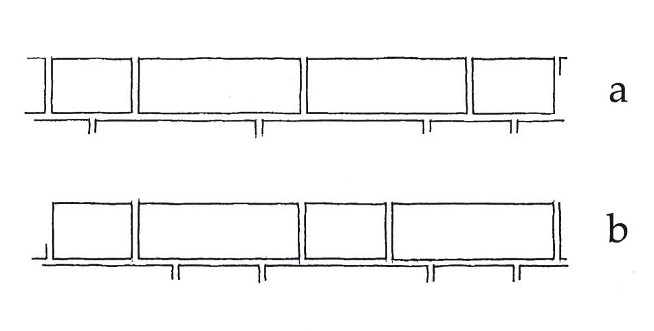 Ķieģeļu saistījuma veidi mūrī: a – vendu sējums, b – gotu sējums (arhitekta Gunāra Jansona zīmējums)