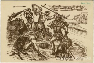 Lībiešu vadonis Imanta kaujā ar bruņiniekiem” Atklātne, 1931. gads. Olģerds Krūmiņš)