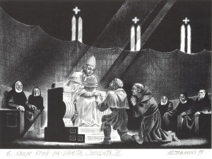 Kaupo Romā pie pāvesta Innocenta III”, zīmējums. 1995. gads, Aleksandrs Stankevičs