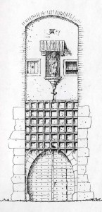Limbažu arhibīskapa pils viduslaiku vārti (pēc analoģijas var uzskatīt, ka Turaidas pils vārti bijuši līdzīgi). I. Dirveika rekonstrukcija