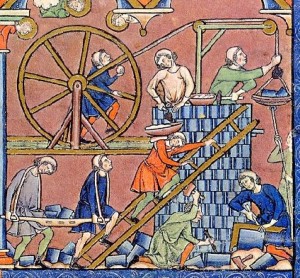 Bābeles torņa būvniecība. Miniatūra no Morgana jeb Macieowsky Bībeles, ~1240. gads, Parīze, Francija