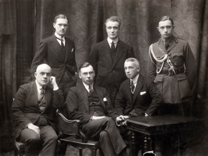 Latvian delegation in Paris after receiving the de iure recognition decision of the Supreme Council of the Allies on January 26, 1921. In the first row from the left: Miķelis Valters, Zigfrīds Anna Meierovics, Jānis Lazdiņš. In the second row from the left: Oļģerds Grosvalds, Georgs Bisenieks, Jānis Tepfers
