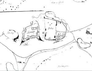 Siguldas pilsdrupu plāns ap 1680. gadu, fragments. Krusta kalns – attēla kreisajā pusē pirms zemes noslīdeņa – tā izmēri daudz lielāki un forma – apaļāka. Oriģināls – Karaliskajā kara arhīvā, Stokholmā.