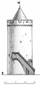 The Main Tower of the Turaida Castle in the 13th century. Reconstruction drawing by architect Gunārs Jansons – a view from the castle yard (2007)