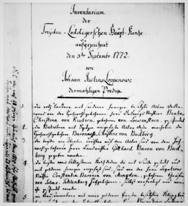 Lēdurgas–Turaidas draudzes baznīcas grāmatas lapa ar mācītāja Justina fon Lopenoves veikto rakstu par Lēdurgas – Turaidas draudzes inventāru 1772. gada 3. septembrī