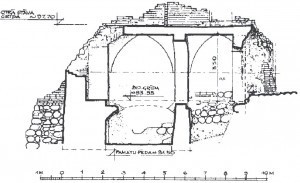 Longitudinal section of the Southern Block ruins and the view of the west wall. The pointed face arch is clearly marked in each bay. Measured and drawn by Gunārs Jansons in 1980