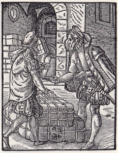 Josts Ammans. Tirgotājs ar preču ķīpu, uz kuras redzama īpašuma zīme. 1568.g. kokgriezums. 