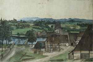Drāšu vilkšanas dzirnavas netālu no Nirnbergas. Albrehta Dīrera 1494. gada akvarelis