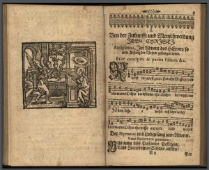 1671. gadā izdotās latviešu garīgo dziesmu grāmatas ilustrēts atvērums – Turaidas muzejrezervātā glabātā konvolūta “Vade mecum…” 158. lapa