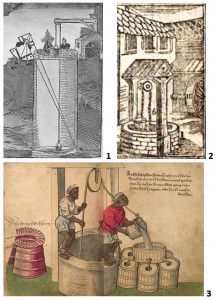 Akas ar trīsi: 1 – nezināma vācu mākslinieka 1547. gada zīmējums, 2 – nezināma autora ilustrācija no “Orbis pictus” 1777. gada angļu izdevuma, 3 - Kristofa Veidica (Weiditz) zīmējums no 16. gs. 30. gadiem.