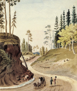 Ceļš no Rīgas uz Cēsīm pie Paltmales muižai piederošā Līgatnes kroga, 1792. Johana Kristofa Broces zīmējums