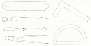 Mērnieku instrumenti. Zīmējumi no A. Būra vēstules 1630.g., kas iekļāva norādījumus kalējam. Pasūtīts tika proporciju instruments, zīmulis un pildspalva, cirkuļi, lineāls, pusaplis un nokturnāls.