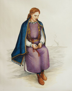 Lībiešu sievietes 13. gadsimts tērpa un rotu vizualizācija pēc Turaidas Baznīckalna kapsētas 45. kapa materiāliem. I. Žeieres rekonstrukcija, L. Treijas zīmējums 