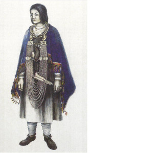 Gaujas lībietes rotas un apģērbs ap 12. gadsimta vidu. Zīmēja māksliniece Ilze Siliņa