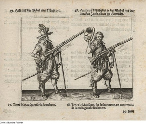 Musketes lietošanas pamācība. Jakoba de Geina (Gheyn) gravīra, 17. gs. sākums. Iespiesta kā ilustrācija musketieru apmācības vingrinājumiem vācu un franču valodā 1664. gadā. 