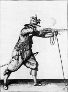 5. att. Musketieris šauj, balstot ieroci uz dakšas. Jakoba Geina (Gheyn) gravīra 1607.g. - (https://de.wikipedia.org/wiki/Muskete )